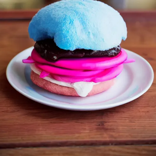 Image similar to a cotton candy burger. cyan and pink.