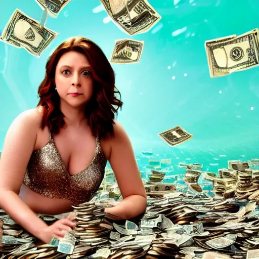 Image similar to rachel bloom as a beautiful mermaid pop star in a club surrounded by piles of money, ultra detailed, 8 k resolution, ultrarealistic