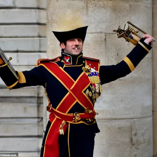 Image similar to emmanuel macron dressed as napoleon, firing a cannon, aiming at england