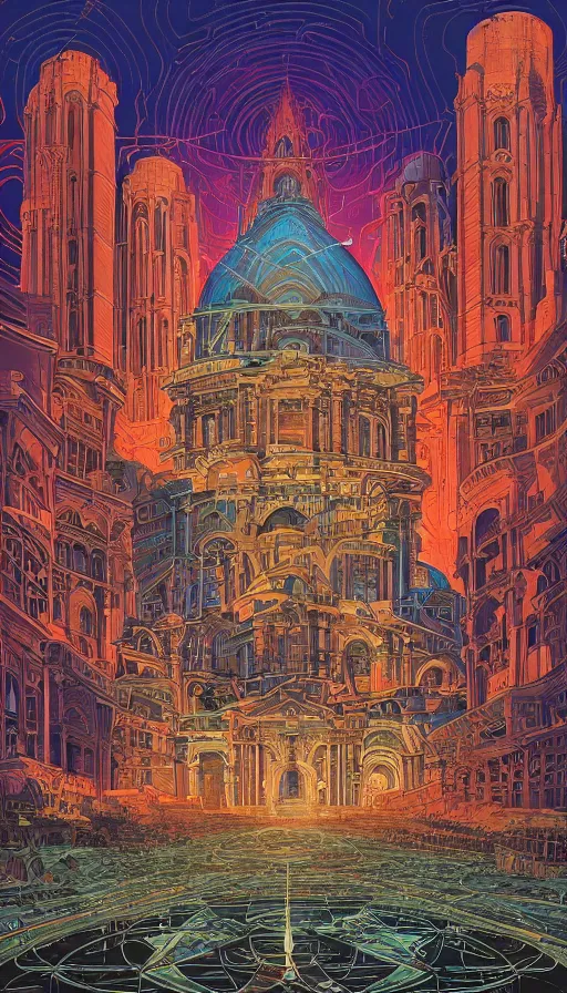 Prompt: The cathedral of ancient prophecies and wisdom, italian futurism, Dan Mumford, Josan Gonzalez