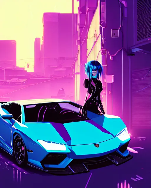 Image similar to digital illustration of cyberpunk pretty girl with blue hair, standing in front of a purple lamborghini, in junkyard at night, by makoto shinkai, ilya kuvshinov, lois van baarle, rossdraws, basquiat