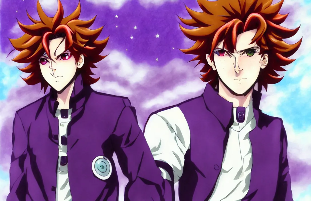 Prompt: kakyoin noriaki!!!, asymmetrical bangs, cherry earrings, full body, long hair, male focus, purple eyes, school uniform, solo, starry background, ( david production ), detailed anime drawing, trending on pixiv, danbooru