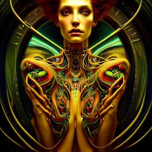 Image similar to extremely psychedelic beautiful cyborg virus infected by night. intricate, elegant, highly detailed, extremely lifelike photorealistic digital painting, artstation. steichen, gaston bussiere, tom bagshaw, cyberpunk alphonse mucha. elegant minimalism. anatomically correct. sharp focus. black and gold. surreal lush hallucination