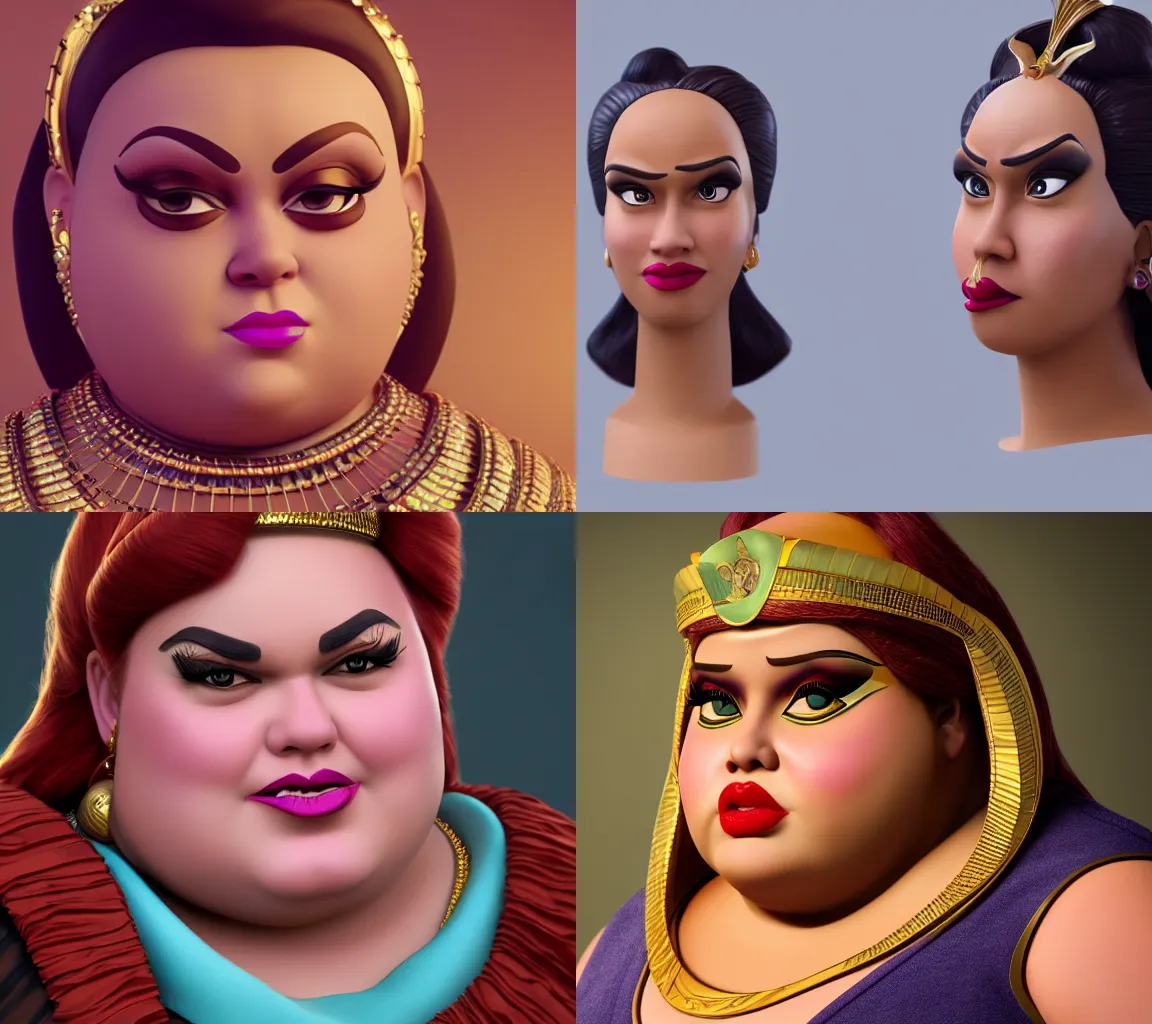 Prompt: detailed Portrait of a chubby female Disney villain, egyptian, arrogant look, beautiful 3D render, 8k, octane render