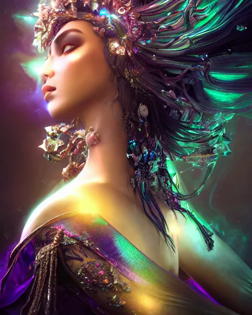 Image similar to beauteous sumptuous dark empress with incredible iridescent pearlescent voluminous hair, crystalline masterpiece incrustations, hyperdetailed face, elegant pose, movie still, cinematic forest lighting, intricate accuracy, octane render, cgsociety, artgerm, unreal engine, crepuscular rays, god rays