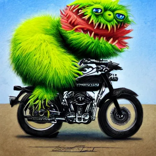 Image similar to a tennis ball monster on a motorcycle harley davidson on a tennis court, digital art, fantasy, magic, chalk, trending on artstation, ultra detailed, professional illustration by basil gogos