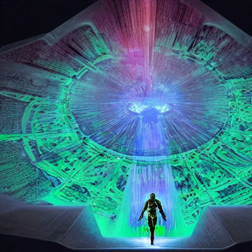 Image similar to A space wizard stand in front of giant, glowing crystal sits in the center of a dark room, Strange symbols line the walls, and a soft light glows from somewhere deep within the room, highly detailed, digital photo, HDRI, by christopher bretz and kael ngu, vivid colors, high contrast, 8k resolution, intricate, photorealistic, smooth, psychedelic color scheme, concept art, award winning, cg society contest winner