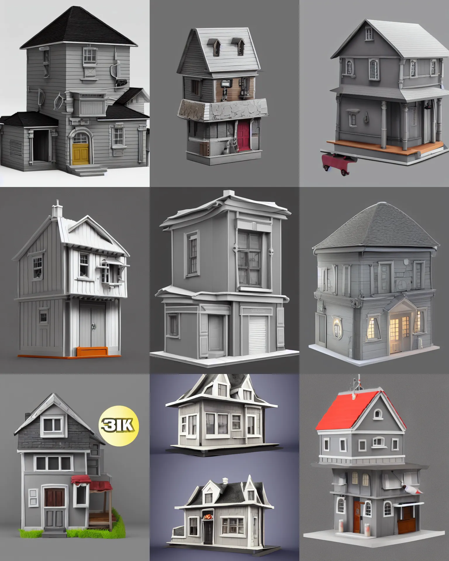 Prompt: full body 3d render of a house as a funko pop!, studio lighting, grey background, gambrel roof, single body, no shadow, blender, trending on artstation, 8k, highly detailed