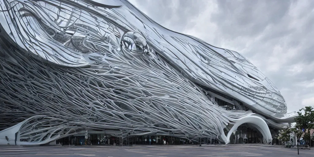 Image similar to extremely detailed ornate stunning beautiful elegant futuristic museum exterior by Zaha Hadid