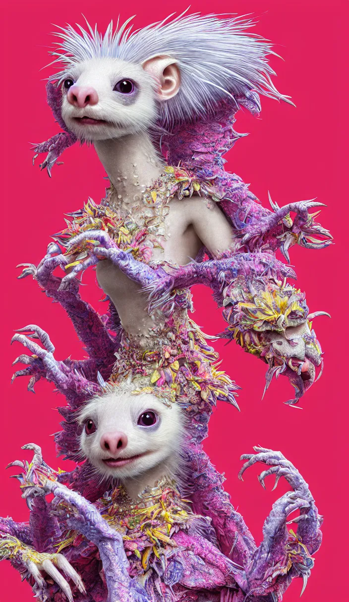 Image similar to hyper detailed 3d render like a Oil painting - kawaii portrait Aurora (a beautiful skeksis white muppet ferret queen from dark crystal that looks like Anya Taylor-Joy) seen red carpet photoshoot in UVIVF posing in scaly dress to Eat of the Strangling network of yellowcake aerochrome and milky Fruit and His delicate Hands hold of gossamer polyp blossoms bring iridescent fungal flowers whose spores black the foolish stars by Jacek Yerka, Ilya Kuvshinov, Mariusz Lewandowski, Houdini algorithmic generative render, Abstract brush strokes, Masterpiece, Edward Hopper and James Gilleard, Zdzislaw Beksinski, Mark Ryden, Wolfgang Lettl, hints of Yayoi Kasuma, octane render, 8k