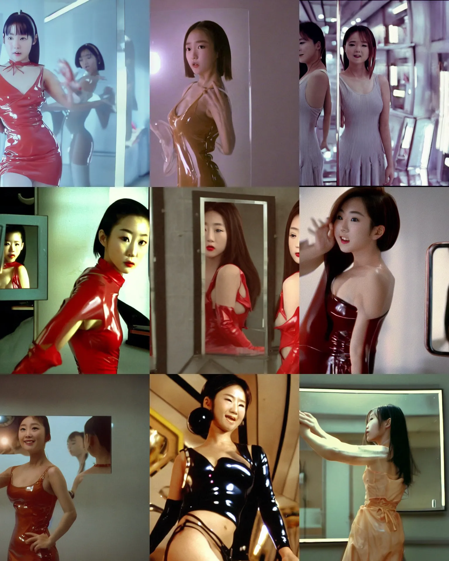 Image similar to Worksafe,clothed.1990s,unbelievably beautiful,perfect,dynamic,epic,cinematic movie shot of a close-up japanese beautiful cute young J-Pop idol actress girl in latex dress,reflected in giant mirror,expressing joy and posing.By a Chinese movie director.Motion,VFX,Inspirational arthouse,high budget,hollywood style,at Behance,at Netflix,Instagram filters,Photoshop,Adobe Lightroom,Adobe After Effects,taken with polaroid kodak portra