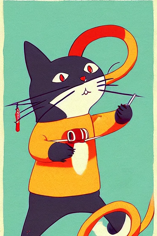 Prompt: by richard scarry. ninja cat attacking. studio ghibli. muted colors, detailed