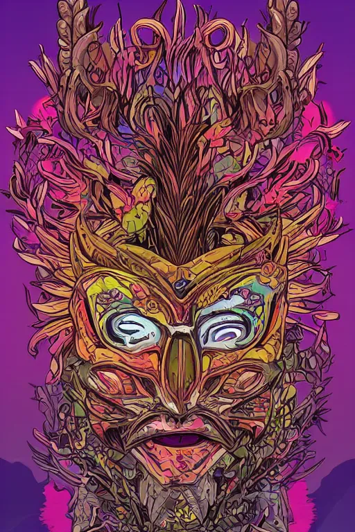 Image similar to animal mask totem roots tribal feather gemstone plant wood rock shaman vodoo video game vector illustration vivid multicolor borderlands comics by josan gonzales and dan mumford radiating a glowing aura