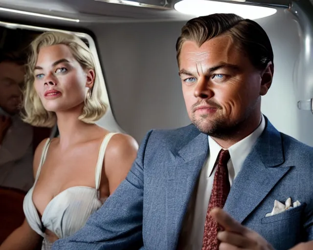 Image similar to leonardo dicaprio as the wolf of wall street next to margot robbie as naomi from the wolf of wall street in a helicopter, hyper realistic faces, beautiful eyes, cinematic, long shot, hyper detailed, 8 5 mm photograph, 8 k resolution, film still, sharp lens, wide lens