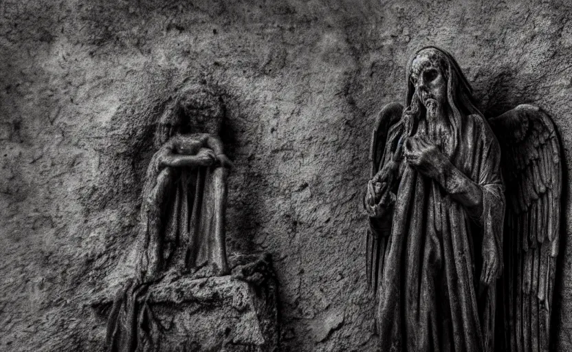 Prompt: decrepit creepy statue of the archangel gabriel staring at the camera, alone, in a cavernous dark old catacomb, realistic, pitch black, depth of field, wide shot, sinister, bad lighting, foreboding, blurry footage, grainy photo