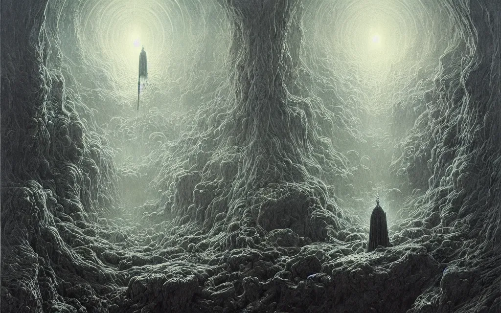 Prompt: the final realm, gateway to the underworld, mystic art, detailed painting by greg rutkowski and gustave dore and zdzisław beksinski, intricate detail