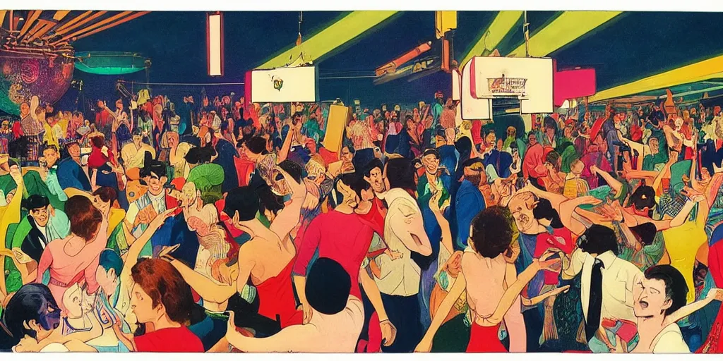 Prompt: a crowd of people dancing underneath a disco ball, risograph by ernie barnes, rex goreleigh, edward hopper, satoshi kon and moebius,, no text!, colorful flat surreal design, super - detailed, a lot of tiny details, fullshot