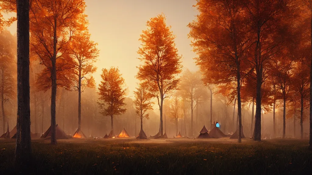Image similar to beautiful render of a group of teepees, unreal engine, evening, soft light, forest, fall, orange leaves, larches, early morning, fog, mist, by greg rutkowski, cgsociety
