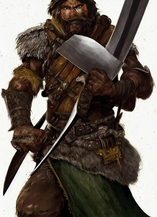 Image similar to strong young man, photorealistic bugbear ranger holding aflaming sword, black beard, dungeons and dragons, pathfinder, roleplaying game art, hunters gear, jeweled ornate leather and steel armour, concept art, character design on white background, by alan lee, norman rockwell, makoto shinkai, kim jung giu, poster art, game art