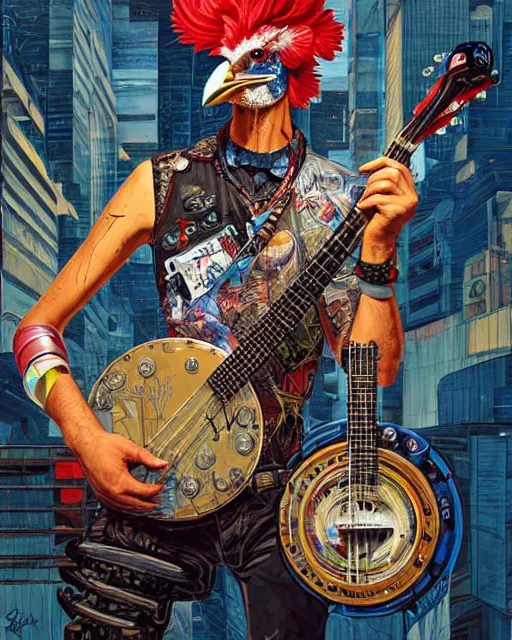 Image similar to a portrait of an anthropomorphic cyberpunk rooster shredding a banjo by sandra chevrier, by jon foster, detailed render, tape deck, epic composition, cybernetics, 4 k realistic, cryengine, realistic shaded lighting, sharp focus, masterpiece, by enki bilal