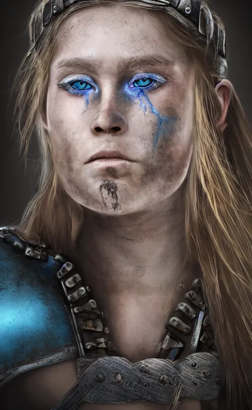 Prompt: photorealistic portrait of female viking warrior with large sad blue eyes, dirty skin, shoulders