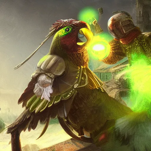 Image similar to Giant green Quaker parrot fights with medieval knight. Enchained, restrained. Bloom, volumetric lighting. Fantasy, digital painting, HD, 4k, detailed.