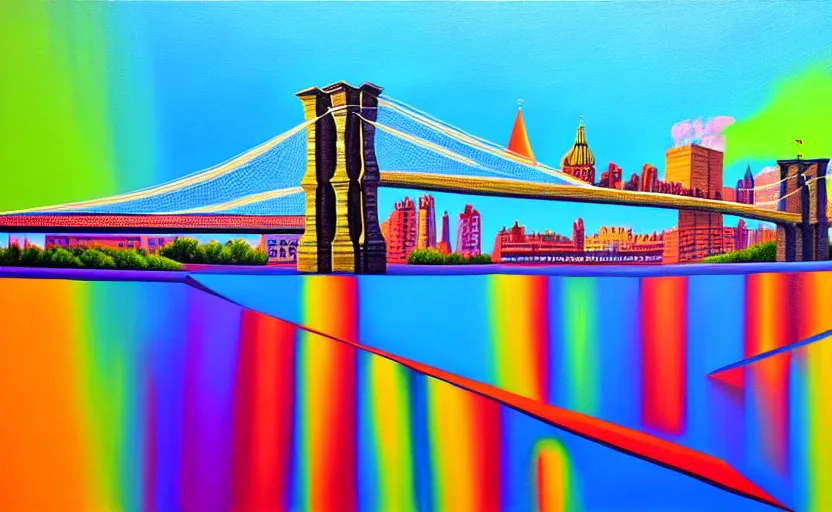 Image similar to a surreal colourful painting of brooklyn bridge on top of kremlin