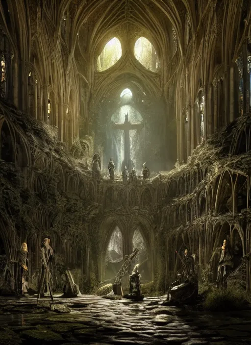 Image similar to medieval adventurers in lord of the rings scenery landscape, inside an enormous overgrown cathedral made of bones, water, reflections, magic portal,, highly detailed, cinematic lighting, vivid colors, perfect composition, 4 k, gustave dore, derek zabrocki, greg rutkowski, belsinski, octane render