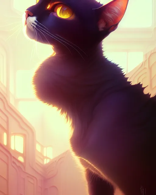 Image similar to portrait of humanoid cat, highly detailed vfx portrait, unreal engine, greg rutkowski, loish, rhads, beeple, makoto shinkai and lois van baarle, ilya kuvshinov, rossdraws, tom bagshaw, alphonse mucha, global illumination, detailed and intricate environment