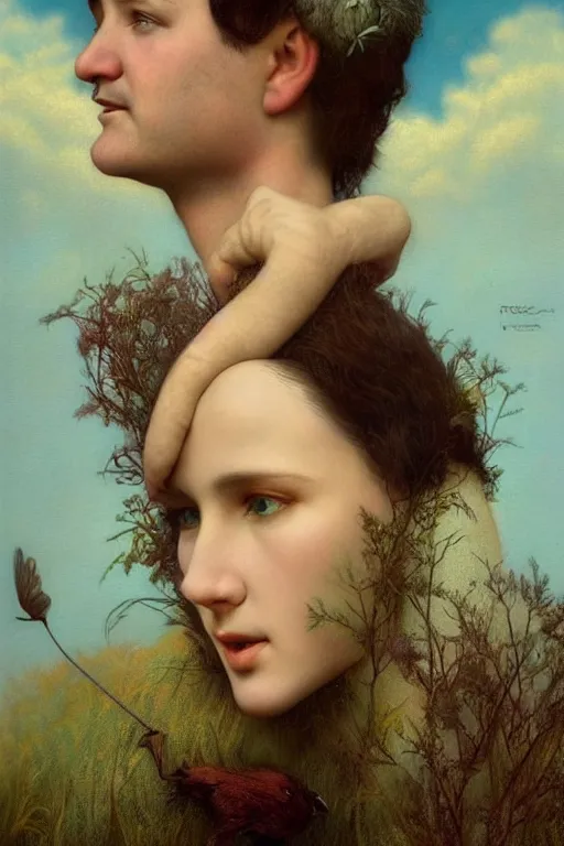 Image similar to young bill murray explaining the birds and the bees by Tom Bagshaw in the style of a modern Gaston Bussière, art nouveau, art deco, surrealism. Extremely lush detail. Melancholic scene. Perfect composition and lighting. Profoundly surreal. High-contrast lush surrealistic photorealism. mischievous expression on his face.