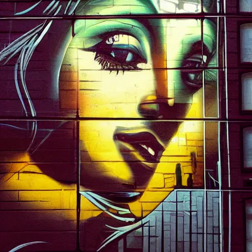 Image similar to A street art of a beautiful young woman seated at a window, looking out at the viewer with a serene expression on her face. The light from the window illuminates her features & creates a warm, inviting atmosphere. The essence of beauty and tranquility. flash photography, graffiti by Kilian Eng neat, melancholic