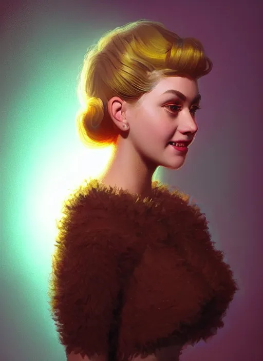 Image similar to portrait of betty cooper with fluffy bangs, bangs, 1 9 6 0 s, ponytail, curly bangs and ponytail, rounder face, intricate, elegant, glowing lights, highly detailed, digital painting, artstation, concept art, smooth, sharp focus, illustration, art by wlop, mars ravelo and greg rutkowski