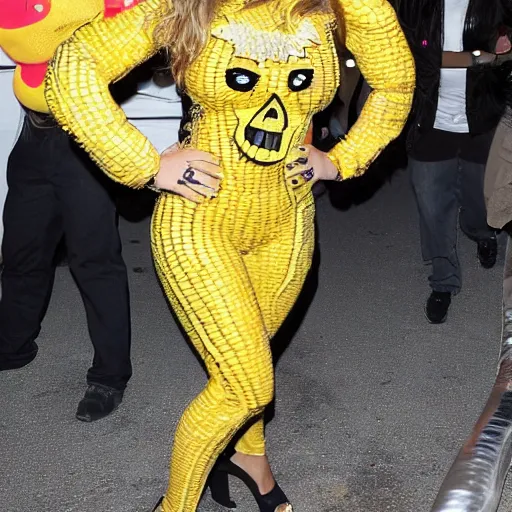 Prompt: full body photo of jennifer lopez, she is wearing a funny hallowen costume of corn on a cob