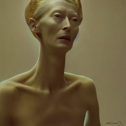 Image similar to Woman masterpiece, Tilda Swinton, yellow, golden halo behind her head, wires everywhere, by Edgar Maxence and Ross Tran, Zdzisław Beksiński, and Michael Whelan, distant, gustav dore, H.R. Giger, 8k, octane render