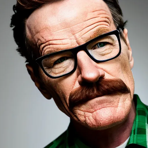 Prompt: Bryan Cranston with a stern facial expression, with navigator shaped glasses, a goatee and mustache, and wearing a green flannel shirt, portrait, realistic, hyperrealistic, 4k resolution, 8k resolution, HD Quality, highly detailed, very detailed, detailed, studio quality lighting, dramatic lighting, real life