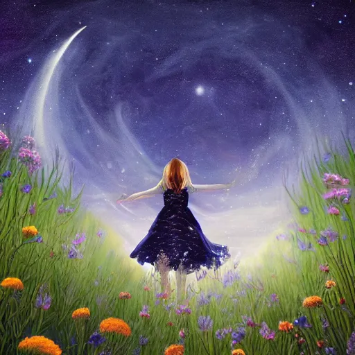 Image similar to breathtaking beautiful mystical illustration of a girl standing in a field of wild flowers gazing up at night sky, stars and milky way and moon, extreme foreshortening, bottom - up perspective, by akageno saru and thomke meyer and julia plath, trending on artstation, ballpoint, ultramarine and white