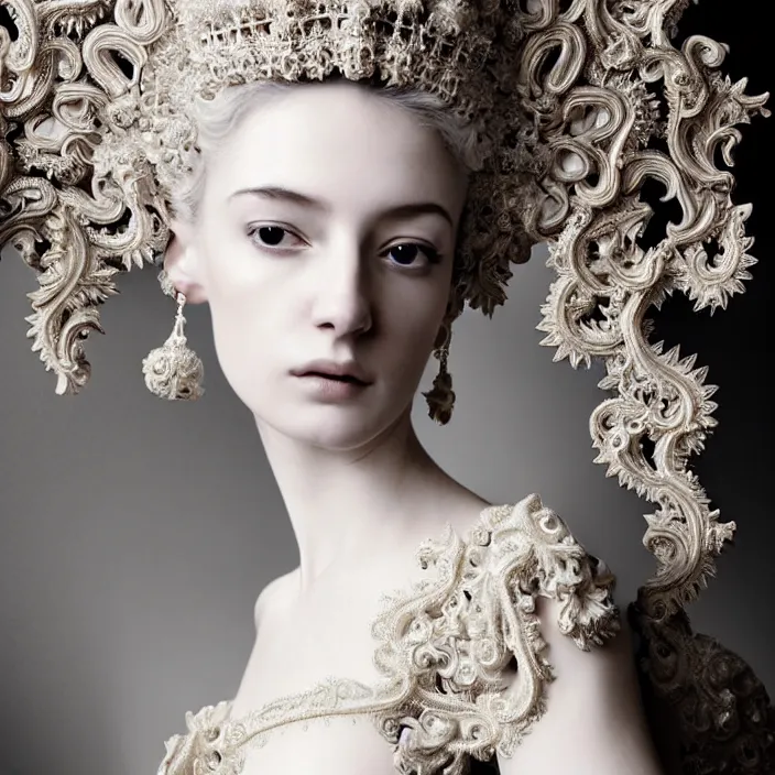 Prompt: photo portrait of a beautiful woman like a queen-ethereal-angel, dressed in long elegant intricate ornamental baroque white dress, intricate fractal highly detailed baroque ornament in the upper side of breast, bust with a very long neck , elegant, highly detailed intricate baroque ornament in her hair, Realistic, Refined, Highly Detailed, Cinematic cold Lighting, fine art photography by Paolo Roversi, volumetric studio lighting, hyper realistic photography