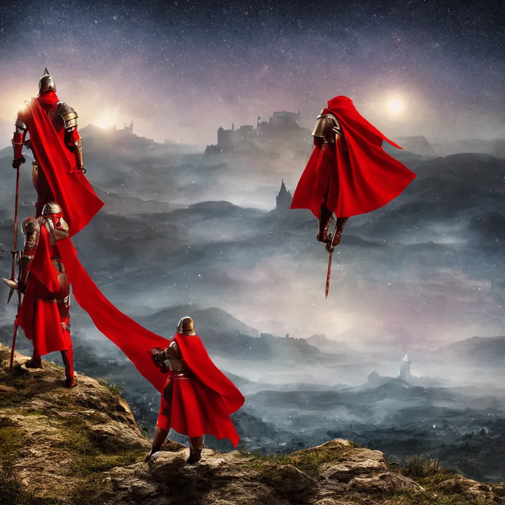 Prompt: a knight with a torn red cape,with a claymore, on a mountain, gazing to a medieval city and big medieval castle, starry night, cinematic lighting + 3D octane render + 8K + HDR + Photographic + legendary scene + extremely detailed