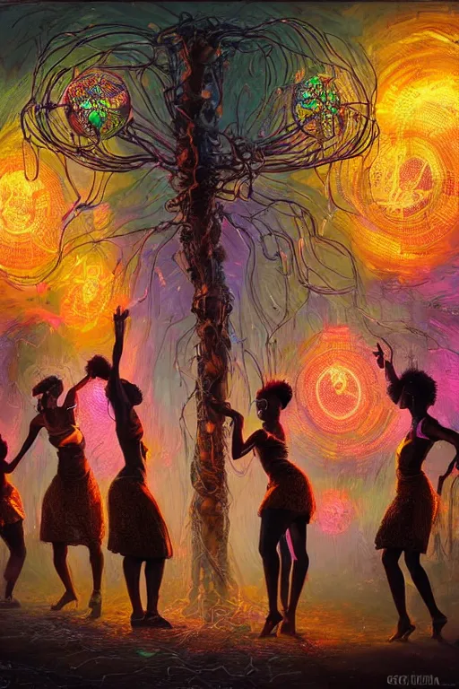 Prompt: african women dancing around a glowing, energized, steampunk neon portal near the electric dragontree of life in a lightning storm, by greg rutkowski and justin bua. oil on canvas, afropunk!, afrofuturism, detailed and intricate environment, radiant lighting. highly detailed. masterpiece