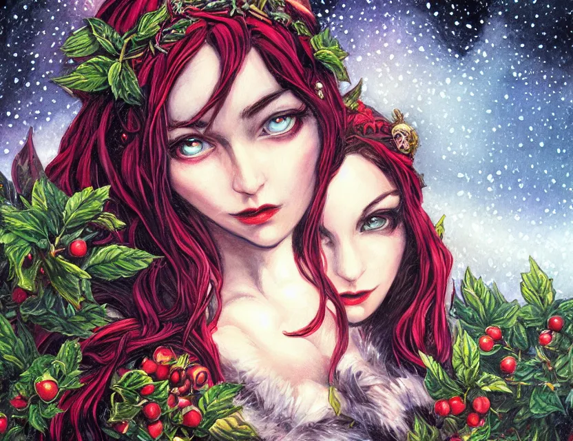 Image similar to berry priestess of the snowy mountains. oil painting by award - winning indie comic book artist, chiaroscuro, intricate details, bokeh, backlighting, field of depth, safe for work