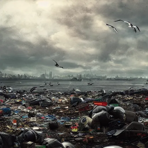 Image similar to on water, enormous huge islands of tyres and garbage floating, seagulls flying in the forecasted sky, dramatic light, post apocalyptic, rainy weather, wet,highly detailed, wide shot, 8K mate painting, concept