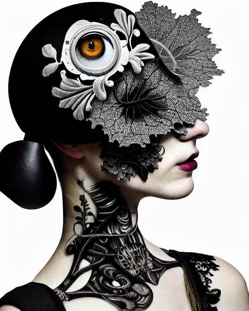 Prompt: masterpiece profile portrait painting, dutch masters, black and white, silver lace floral steampunk biomechanical beautiful one techno eye young female cyborg, big monocular, volumetric light, leaves foliage and stems, hibiscus flowers, by cecile beaton, rim light, big gothic fashion pearl embroidered collar, 8 k