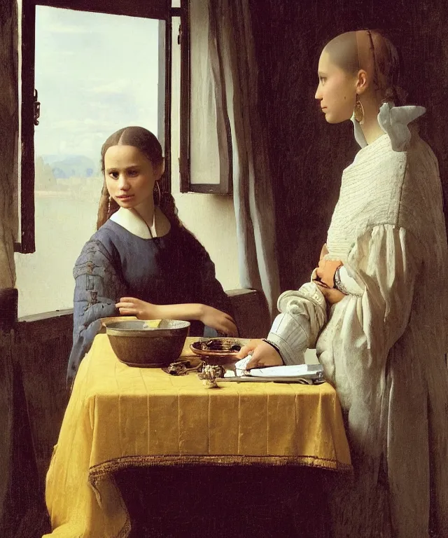 Prompt: a highly detailed, beautifully lit portrait of a pretty, young alicia vikander sitting at a table by an open window, oil painting portrait by vermeer and bouguereau and waterhouse