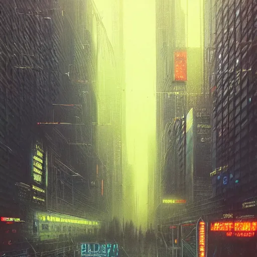 Image similar to huge cyberpunk dystopian megacity with lights and neon billboards, holograms, bladerunner and beksinski painting