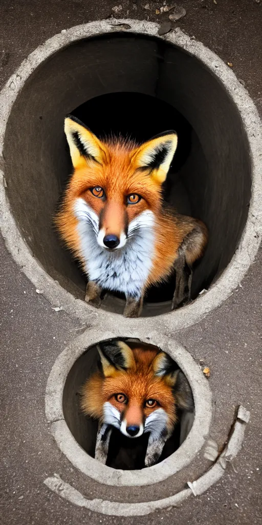 Image similar to a fox is hidden inside a manhole trying to jump out, 4k photography flash