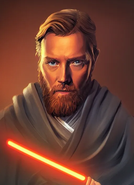 Image similar to a portrait of obi - wan kenobi as a jesus, cyberpunk, grim - lighting, high - contrast, intricate, elegant, highly detailed, digital painting, artstation, concept art, smooth, sharp focus, illustration