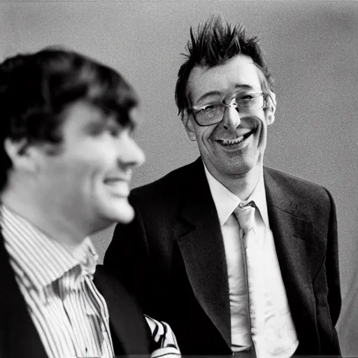 Prompt: A 4x5 portrait of two men one dishevelled man who has neutral face and a one is smiling and well dressed, 200mm lens, bokeh, depth of field, black & white, grainy, rule of thirds