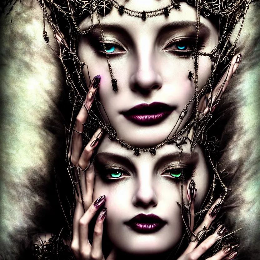 Image similar to mindblowing portrait of the enchantress queen, a stunning timeless beauty, breathtaking eyes, perfect skin, feathered eyelashes, royal gothic dress with a lot of leather, heavy silent hill aesthetic, incredibly intricate, digital art, blender, houdini & photoshop, very elegant & complex, hyper-maximalist, overdetailed, epic cinematic quality, biblical art lighting, photorealistic, lifelike, OLED, DSLR HDR 8k, face is the focus, facial feature symmetry, hyper composed, created by Nixeu & z--ed from deviantart