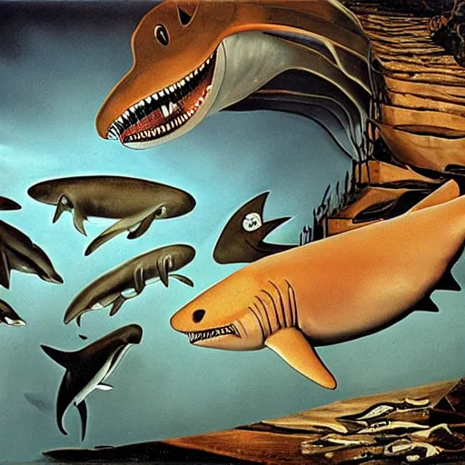 Prompt: sharks instead of tigers in the persistence of memory of salvador dali