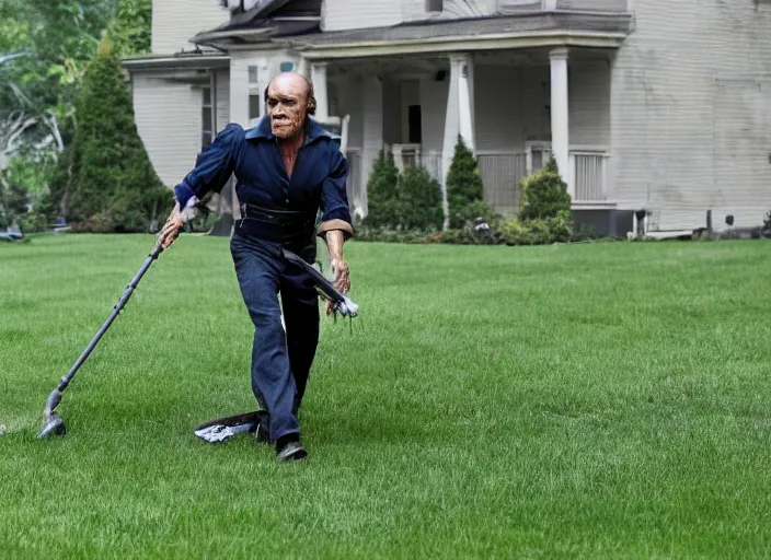 Image similar to film still of Willem Dafoe mowing a lawn in the new Robocop movie, 4k